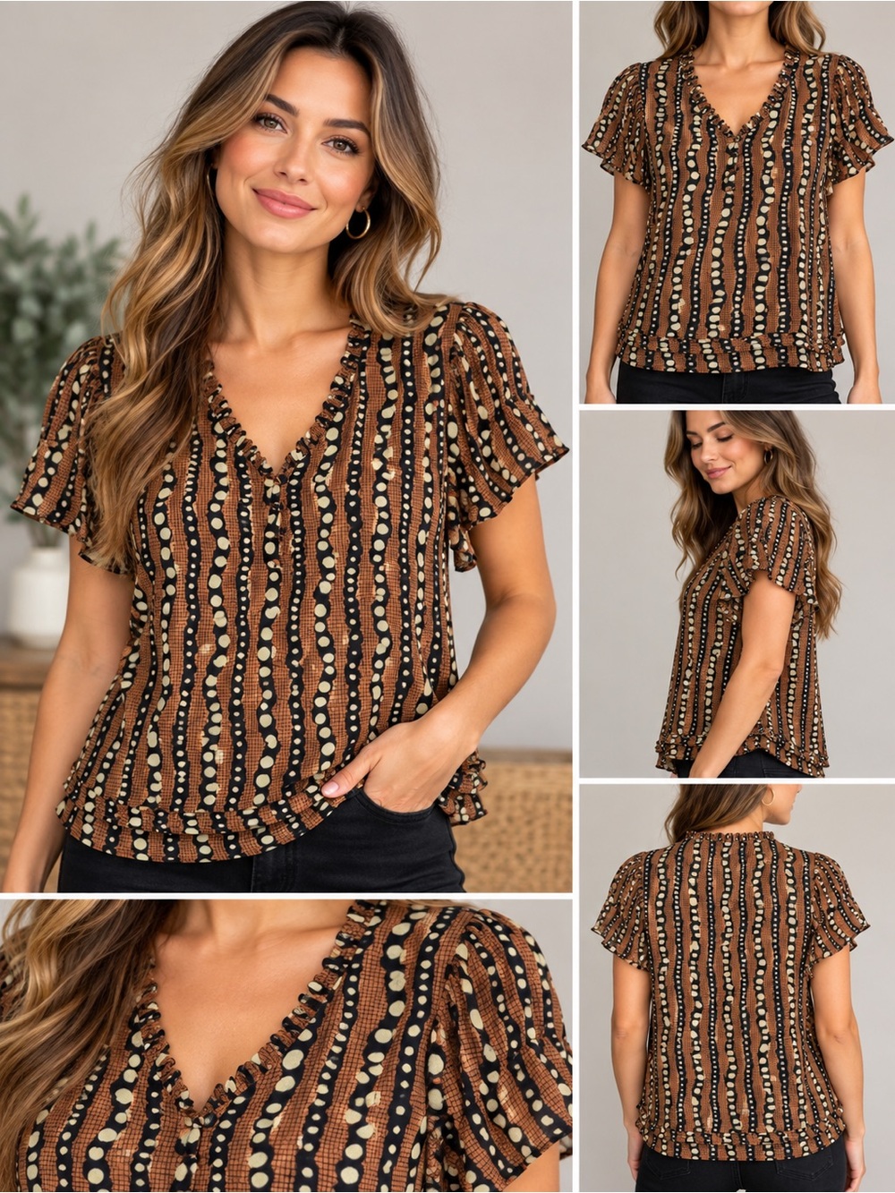 Women’s Brown Printed V-Neck Flutter Sleeve Top,Large